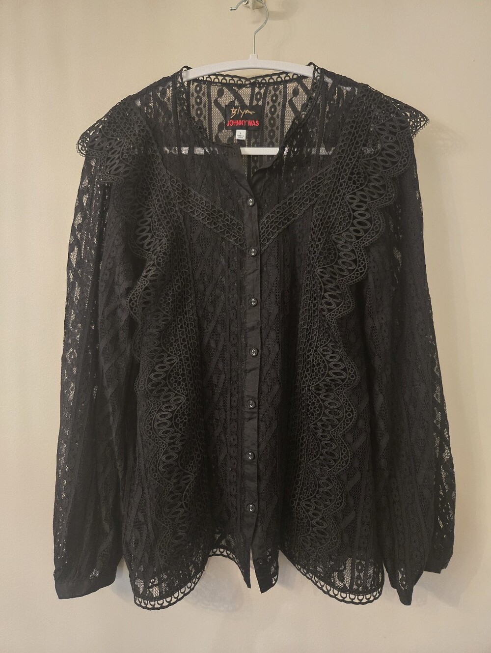 Biya by Johnny Was Black Sheer Lace Ruffle Button-Down Blouse [Large] Beautiful